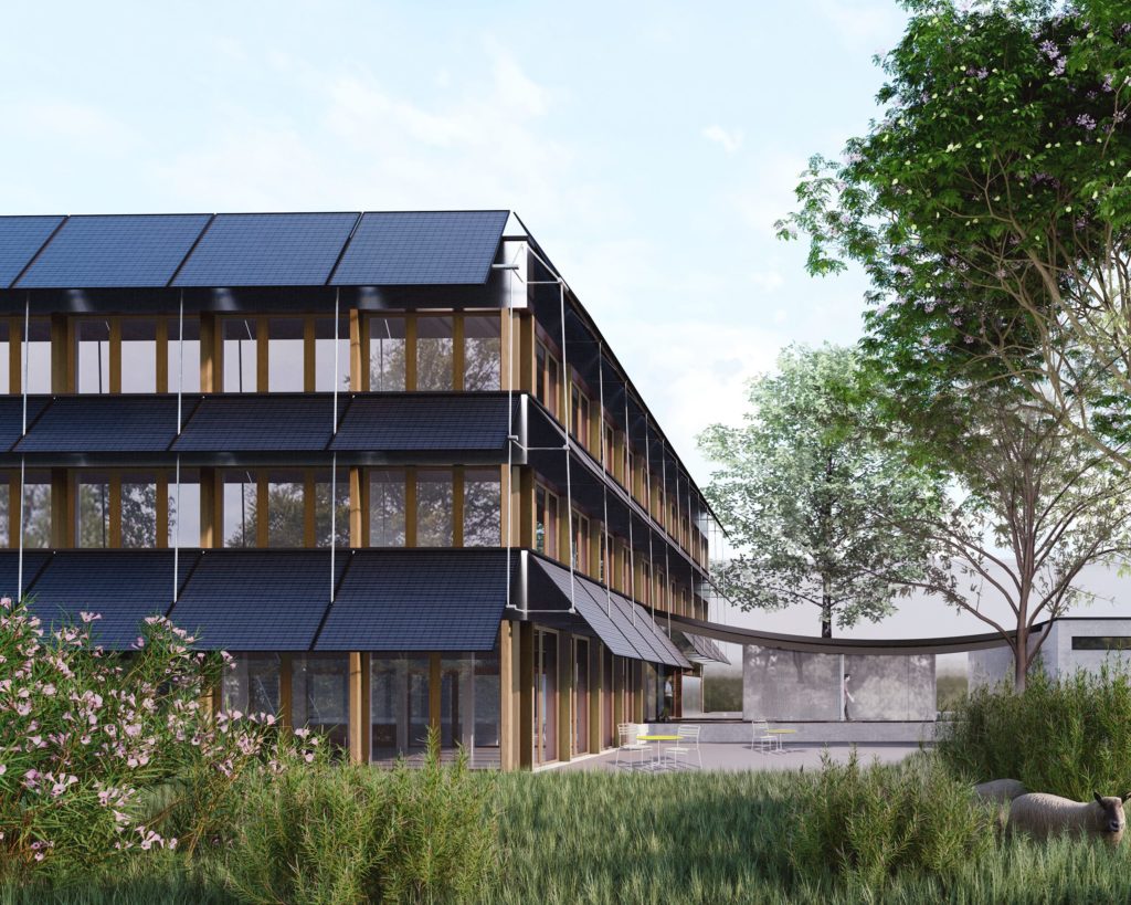 Lausanne. Concours. Angle de la façade avec pare-soleil photovoltaïque.